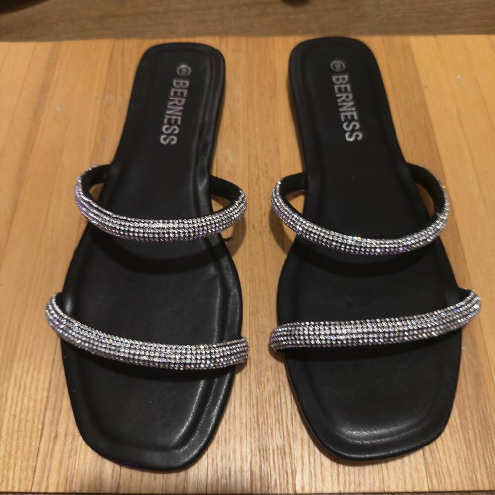 Slide sandals with two crystal-embellished straps